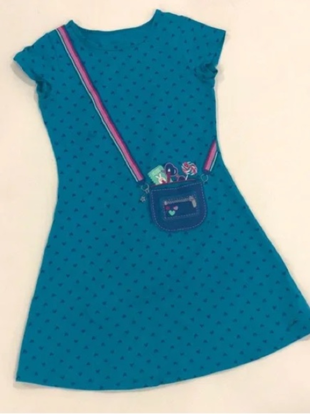 American Girl Teal Dress with Heart Print and Pocket Graphic